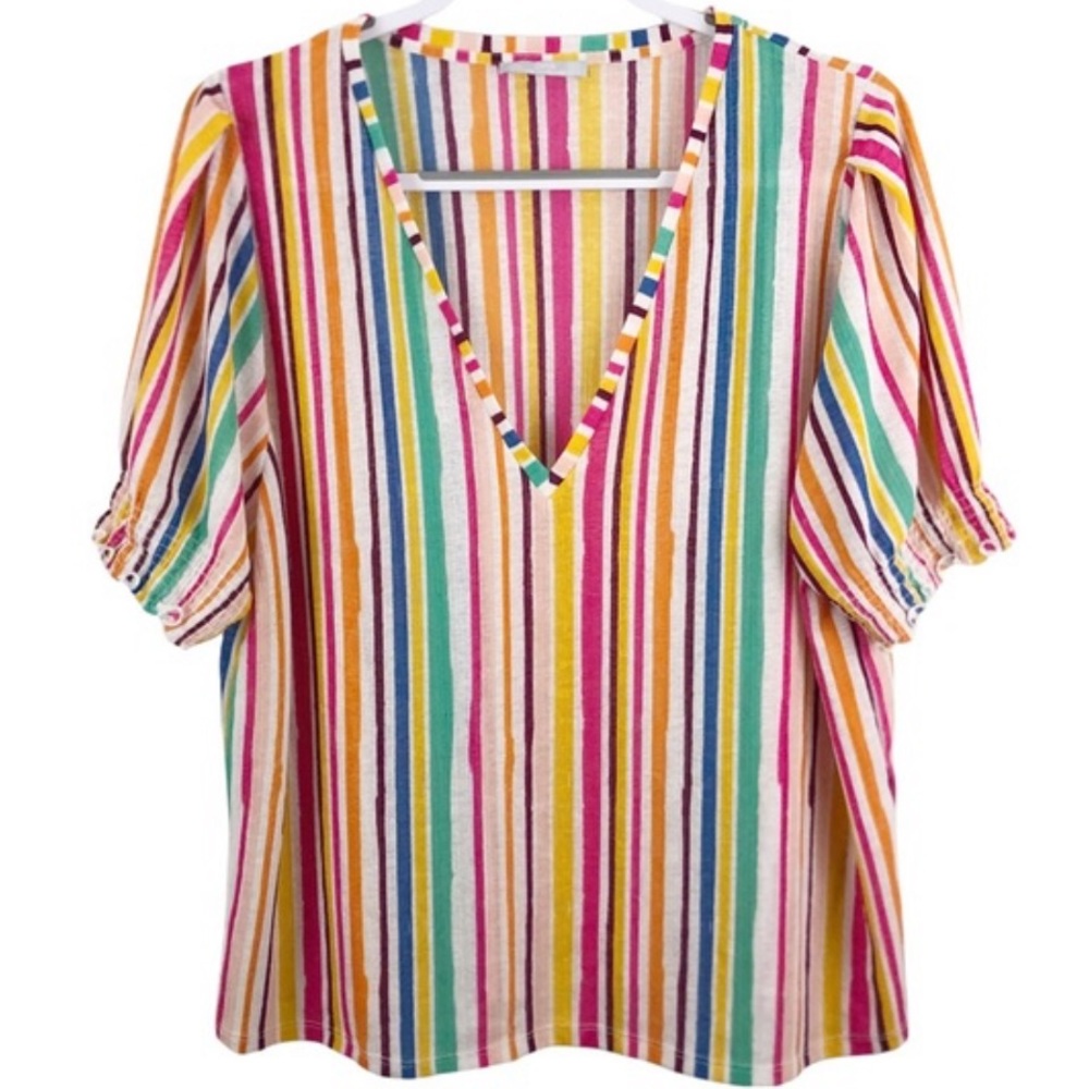 ZARA Rainbow Striped V-Neck Blouse
